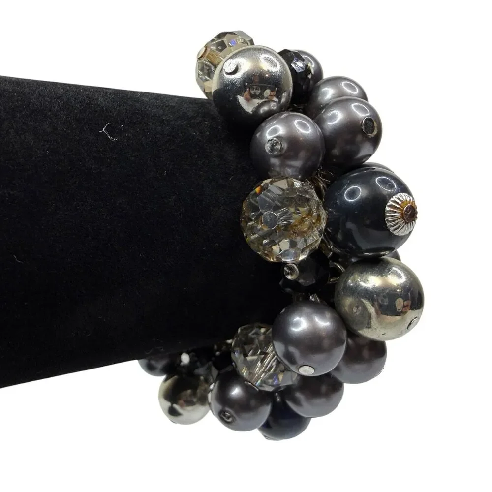 LIMITED Cluster Bead Charm Bracelet Gray Blue Silver Tone Fashion Jewelry 6.5